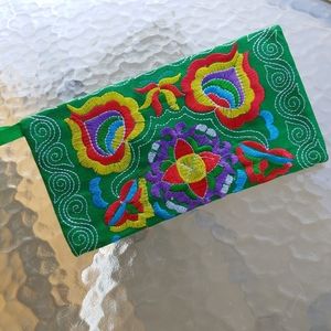 Green Boho Colorful Embroidered Wristlet Clutch